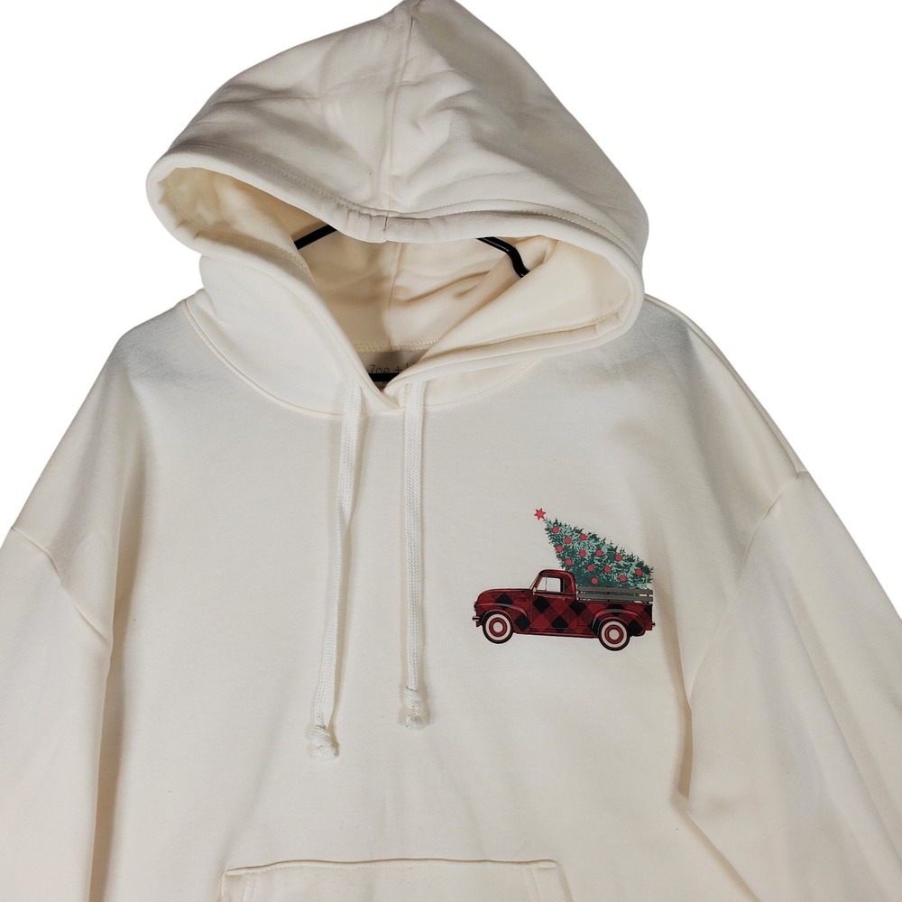 Zoe + Liv Womens XXL Cream Christmas Truck Buffalo Plaid Hoodie Sweatshirt